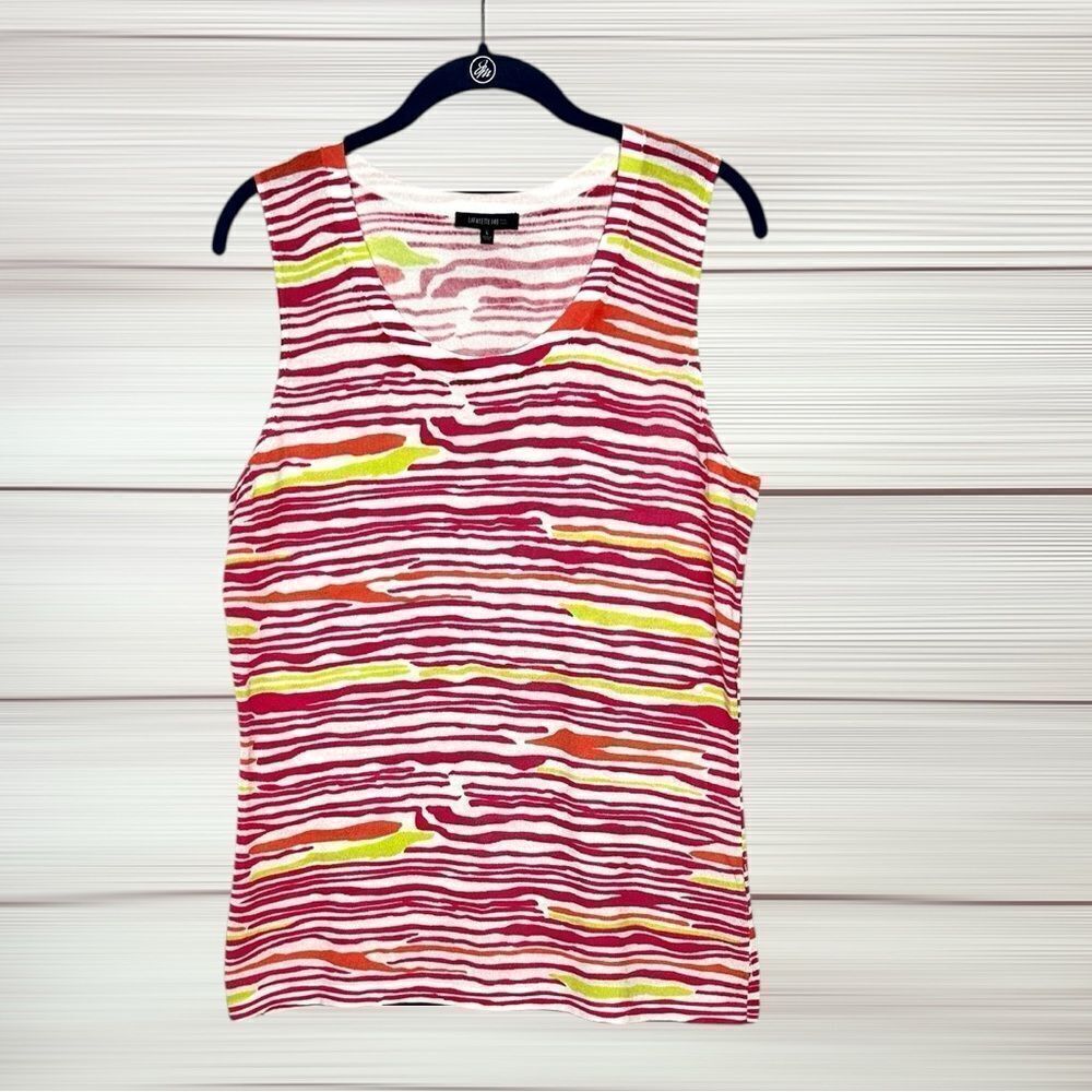 Lafayette 148 Stripe Pink White StretchTank Top Sleeveless Top Cotton Blend L